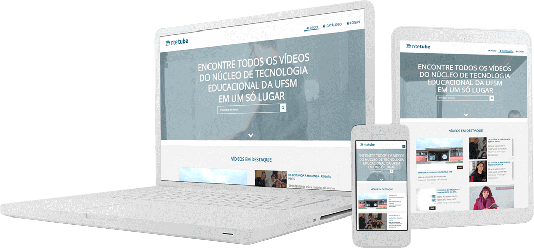 Na figura, um smartphone, um notebook e um tablet mostrando o ntetube aberto